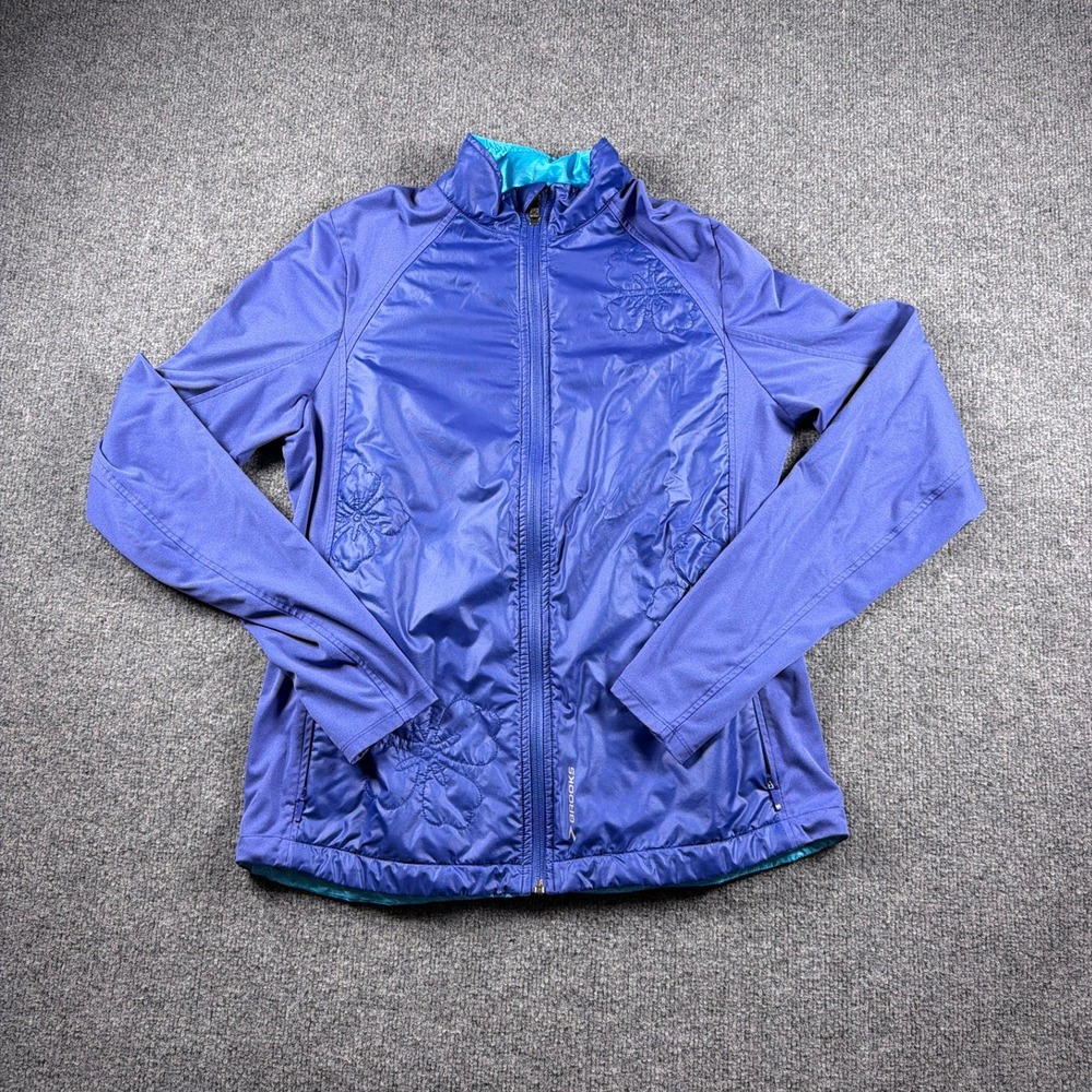 Brooks Running Windbreaker Jacket‎ Women Large Floral Blue ThermoCool Full Zip